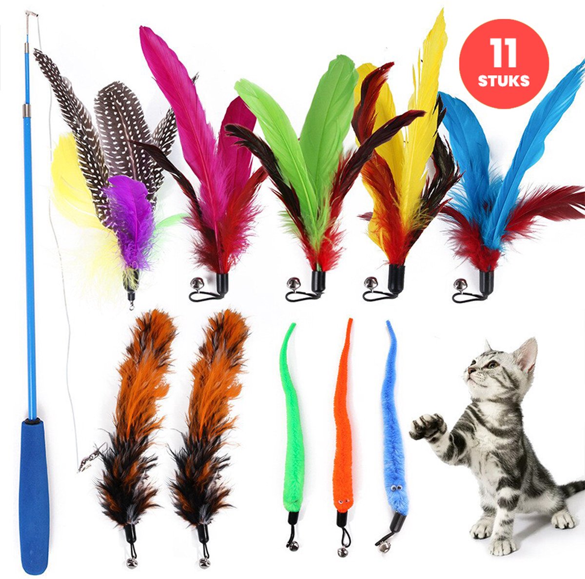 Merkloos Kattenhengel Met 10 Opzetstukjes - Kat Speelhengel Met Veren - Speelgoed Hengel Voor Katten – Kittenspeeltjes Met Veer – Kattenspeelgoed – Katten Speeltjes
