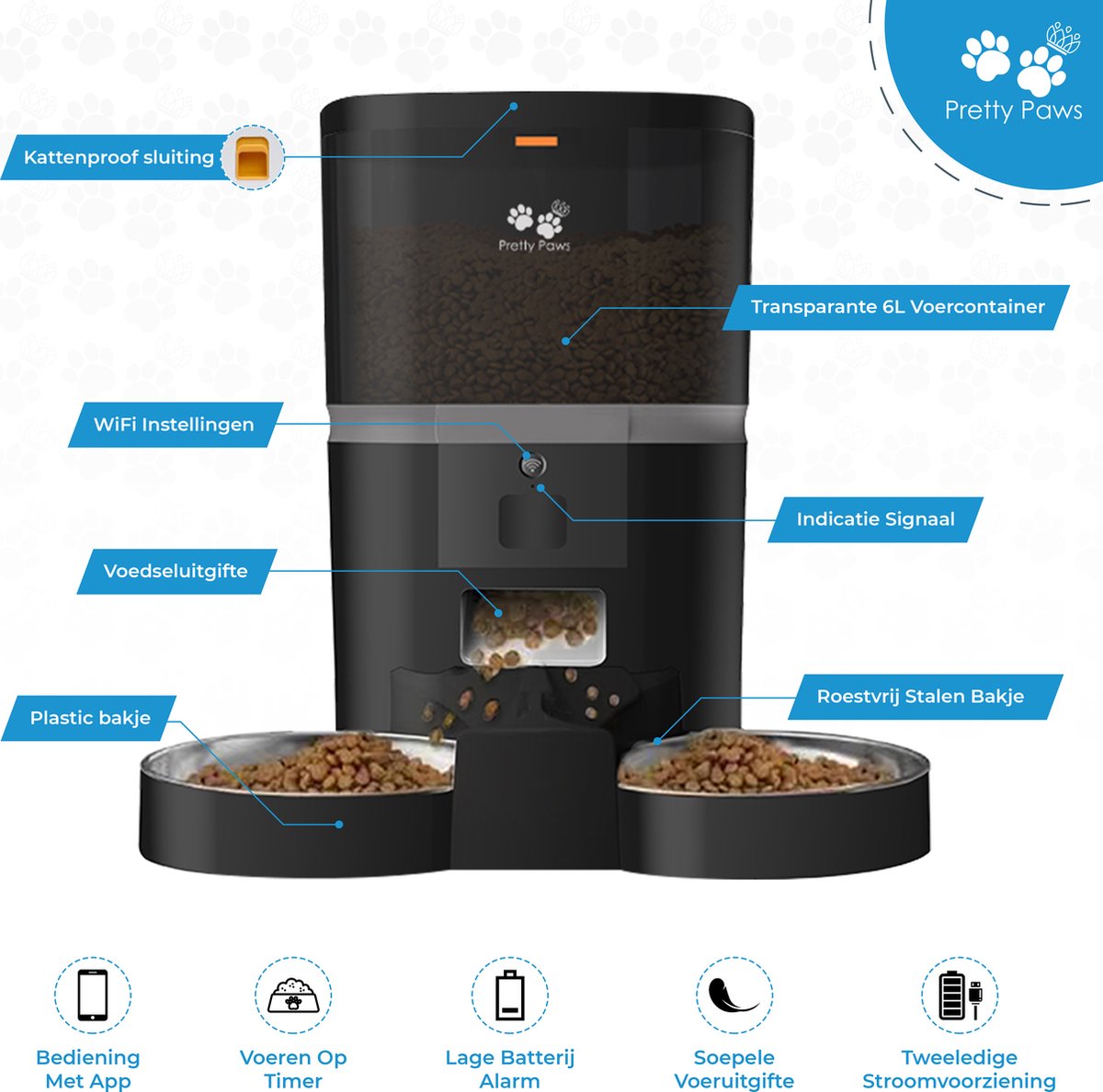  Pretty Paws QQ003 - Wifi Voermachine - Dubbele Voerbakjes - Zwart - Kat - 6L