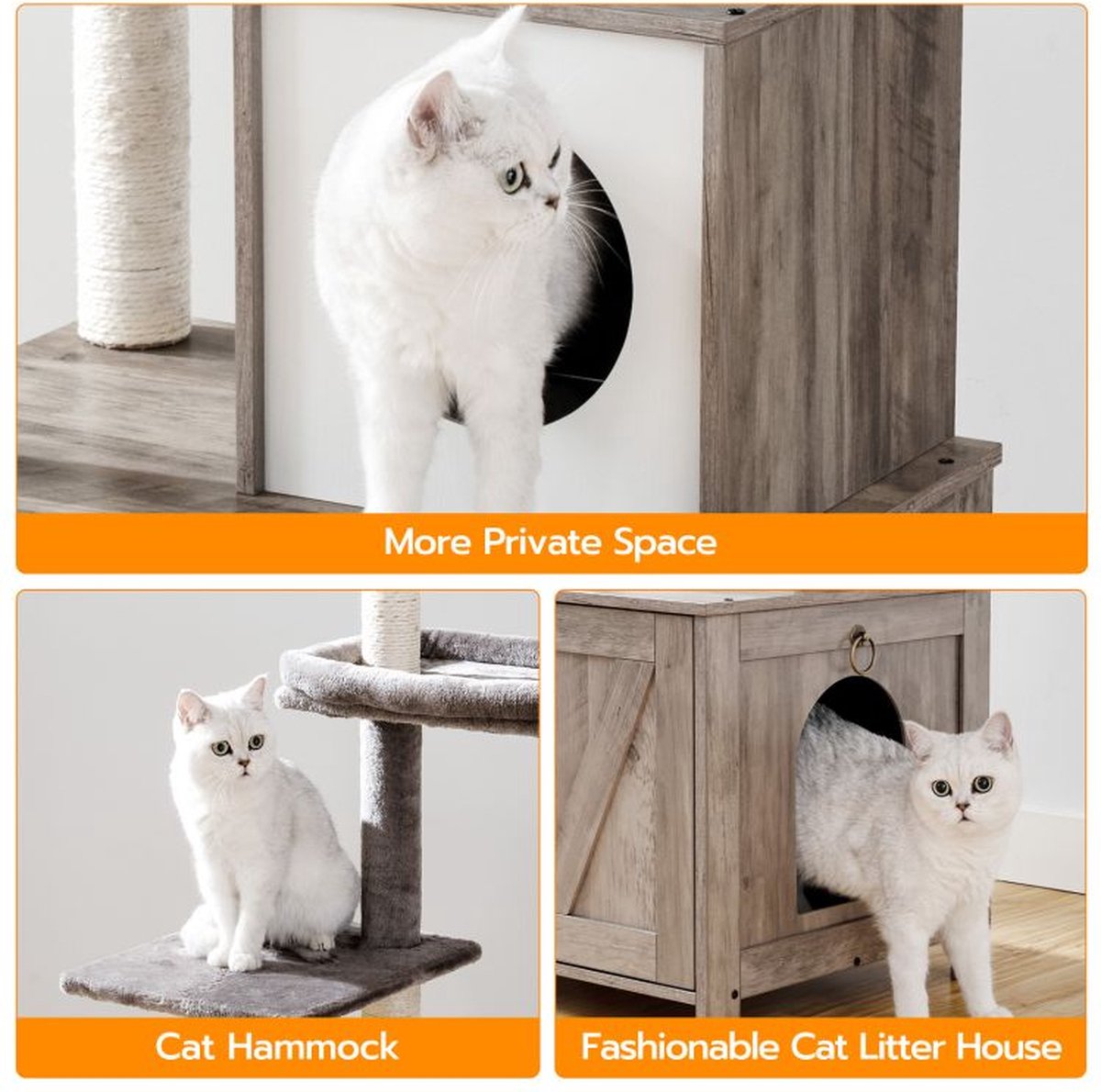  Signature Home Catty Krabpaal Met Kattenbak - Kattenbakkast - Kattenhuis Met Deur En Slot - Krabpalen Met Hangmat Mand Katten Huis - Kattenbakmeubel Verborgen - Alles-in-één Kattenspeelgoed Met Kattenhuis - Grijs - 60cm X 150cm X 48cm