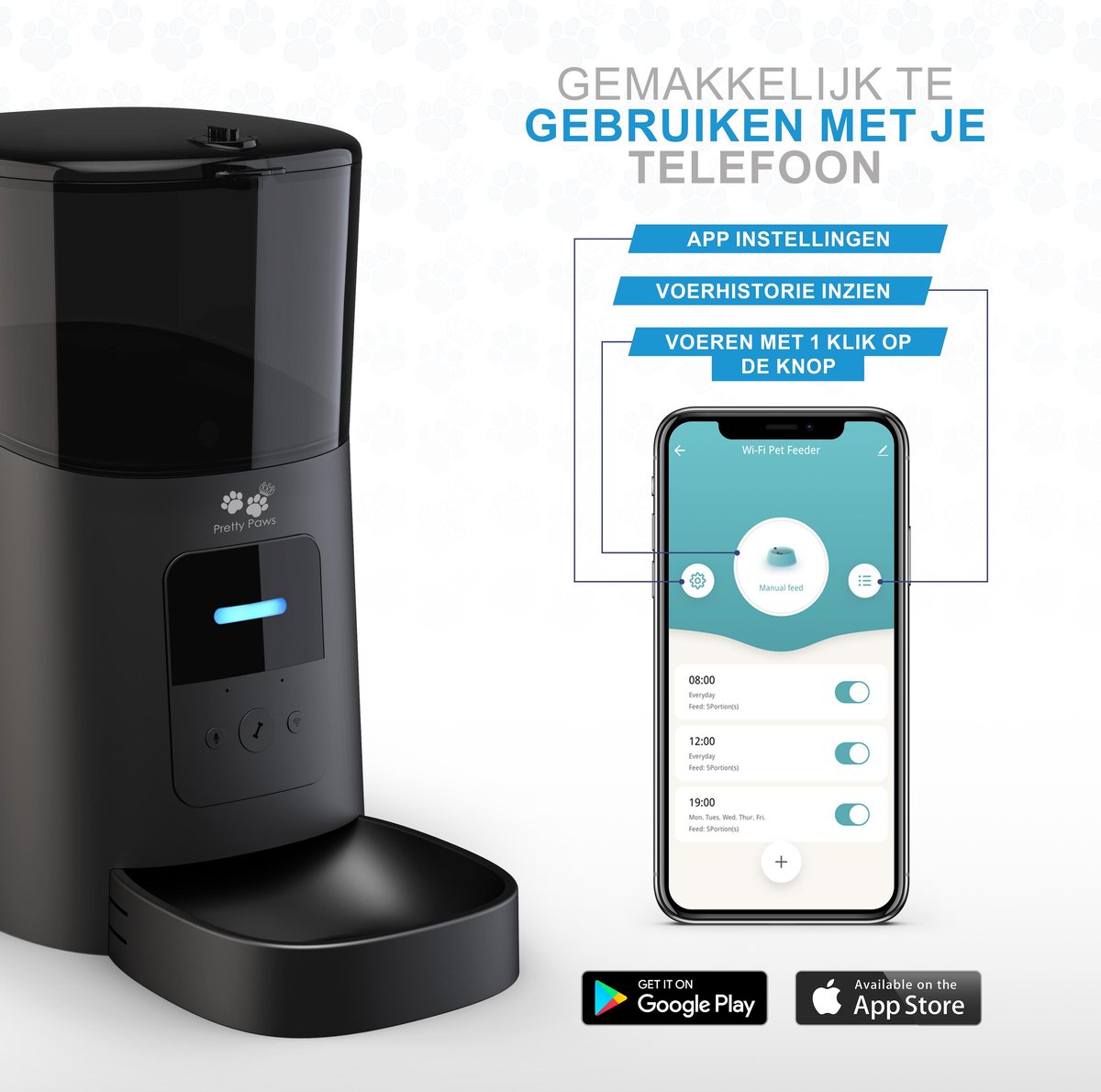  Pretty Paws PP005 Wifi Voerautomaat Zwart - Automatische Voerbak - Slimme Voerautomaat Met App - Instelbaar Voedingsschema - WIFI