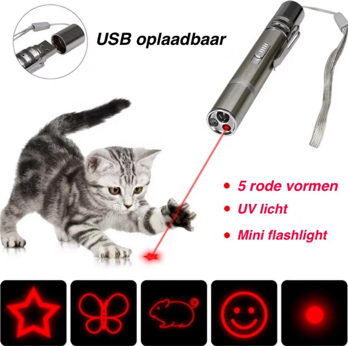 Merkloos Hoogwaardig Laserlampje Voor Katten | USB Oplaadbaar | 7 In 1 Laserpen | Laserpen | Zaklamp | Kattenspeeltje | Kattenspeelgoed | Zilver | Laserpointer Rood/groen | UV Licht