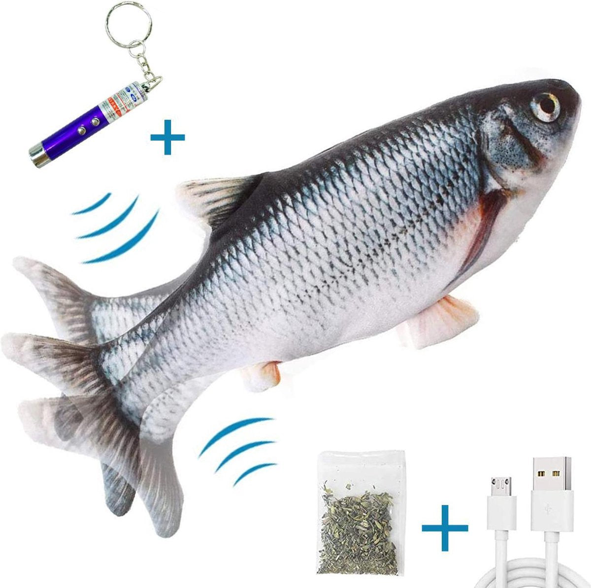  TwinQ Dansende Vis - Bewegende Vis Met Kattenkruid - Kattenspeeltjes - USB Oplaadbaar - Speelgoed Voor Katten - Incl. Kattenlampje