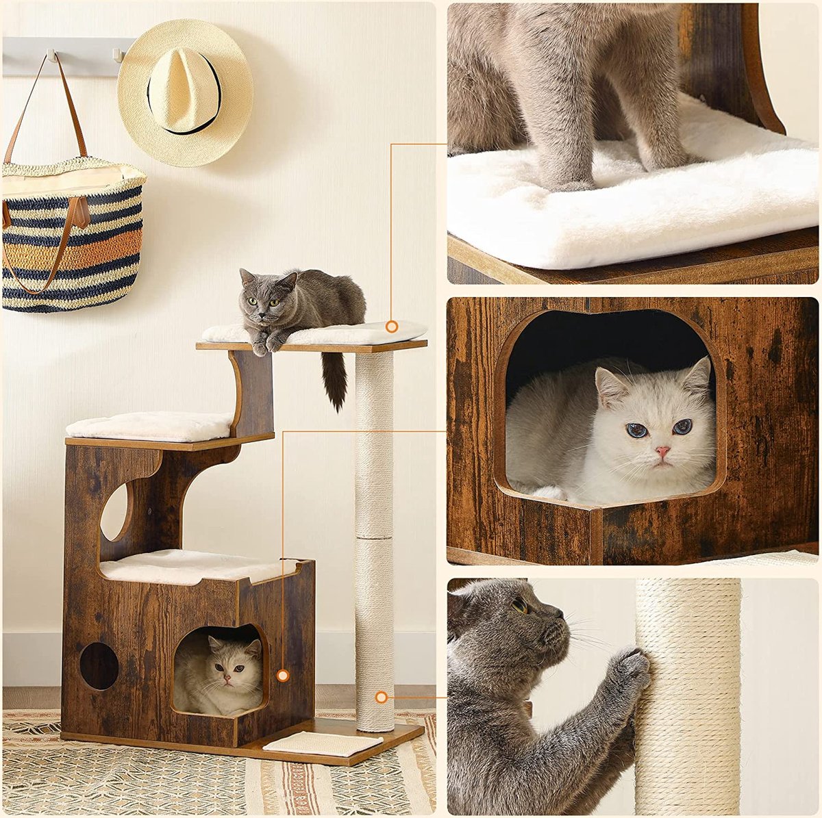 Songmics Zaza Home Luxe Houten Krabpaal 86 Cm, Middelgrote Katten Klimboom Met 3 Ligvlakken En Holten Vintage Bruin-wit