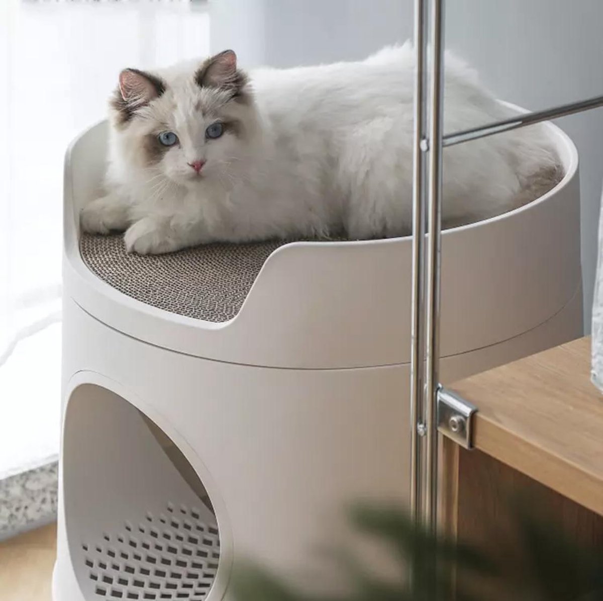  A Sunny Day Kattenbak Met Lade, Bedje En Krabplank - Inclusief Schepje - Design Kattenbak - Wit - Dichte Kattenbak - Kattenbak Gesloten