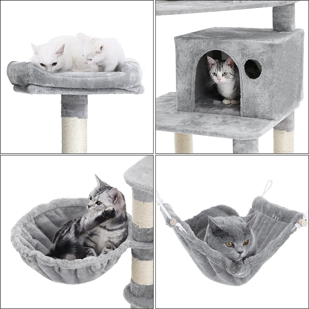 Merkloos XXL Luxe Katten Krappaal Met Hangmat Hangende Mand &amp; Katten Huisje - Activity Center - Grote Krappaal Klimpaal Met Speelset - Krabmeubel 164 CM Hoog - Sisal/Pluche - Grijs
