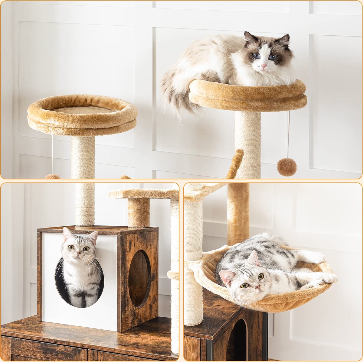  IN.HOMEXL All-In-One Kattenmeubel Alba - Krabpaal Met Kattenbak - Hangmat Mand Katten Huis - Kattentoiletmeubel - Bruin - 70x132x48cm
