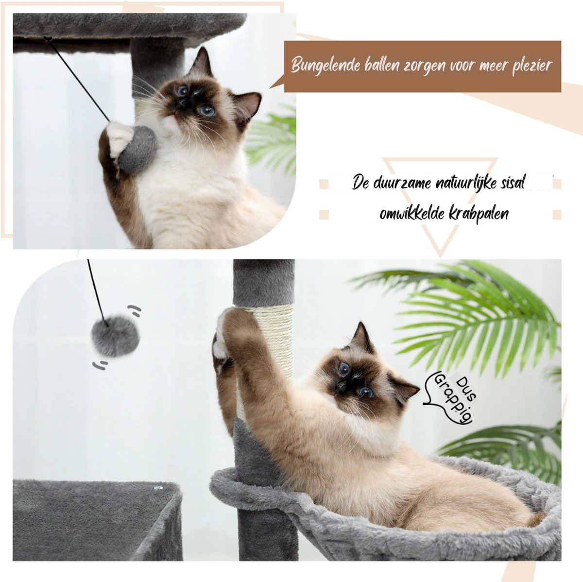  Krabpaal Voor Grote Katten 3 Verdiepingen - 140cm Hoog - Wit Grijs -Met Hangmatjes - Krabpaal Voor Zware Katten