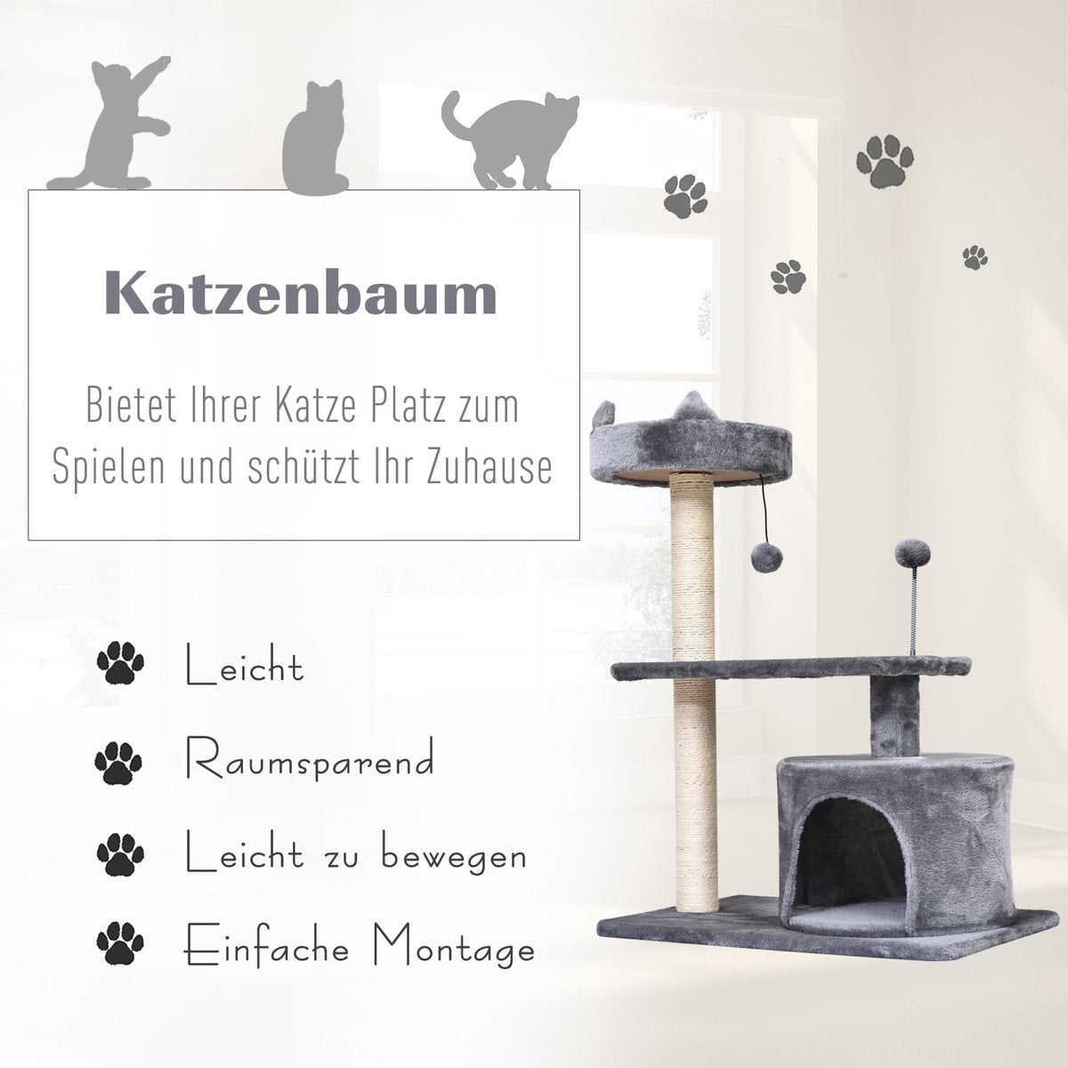  PawHut Kattenboom 3 Verdiepingen Krabpaal Kattengrot Met Sisal Palen Krabplank Pluche D30-258