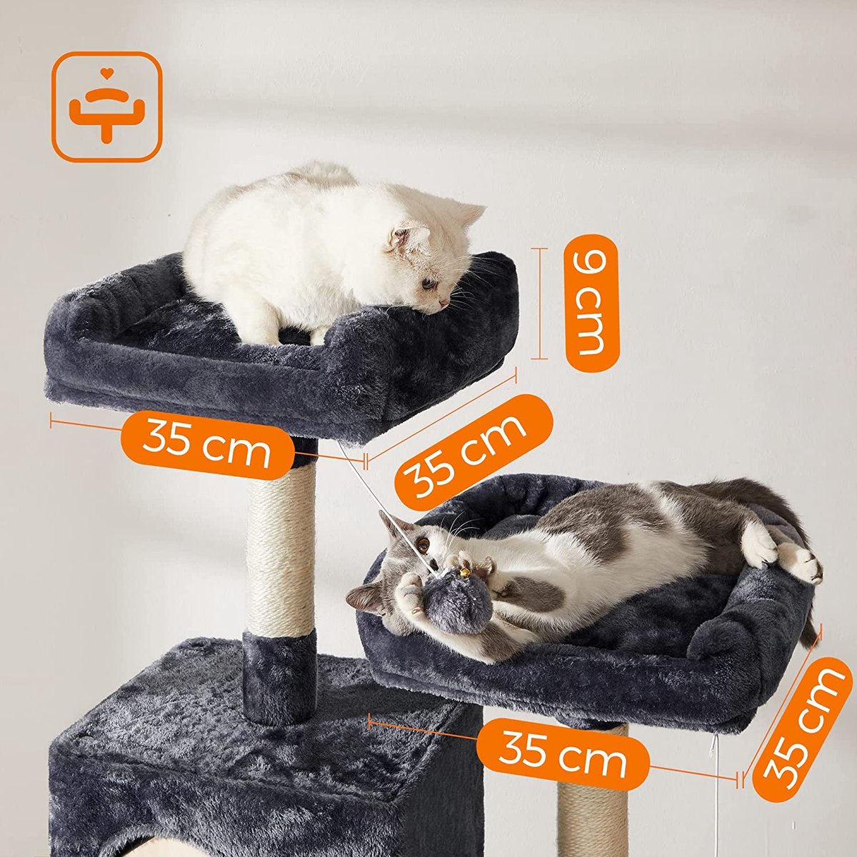  Krabpaal Voor Katten - Kattenboom - Met 2 Uitkijkplateaus - Grijs