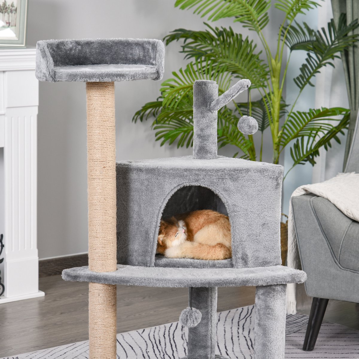  PawHut Krabpaal Met Speelballen Kattenkrabpaal Kattenhuis Jute Paal, Grijs D30-281