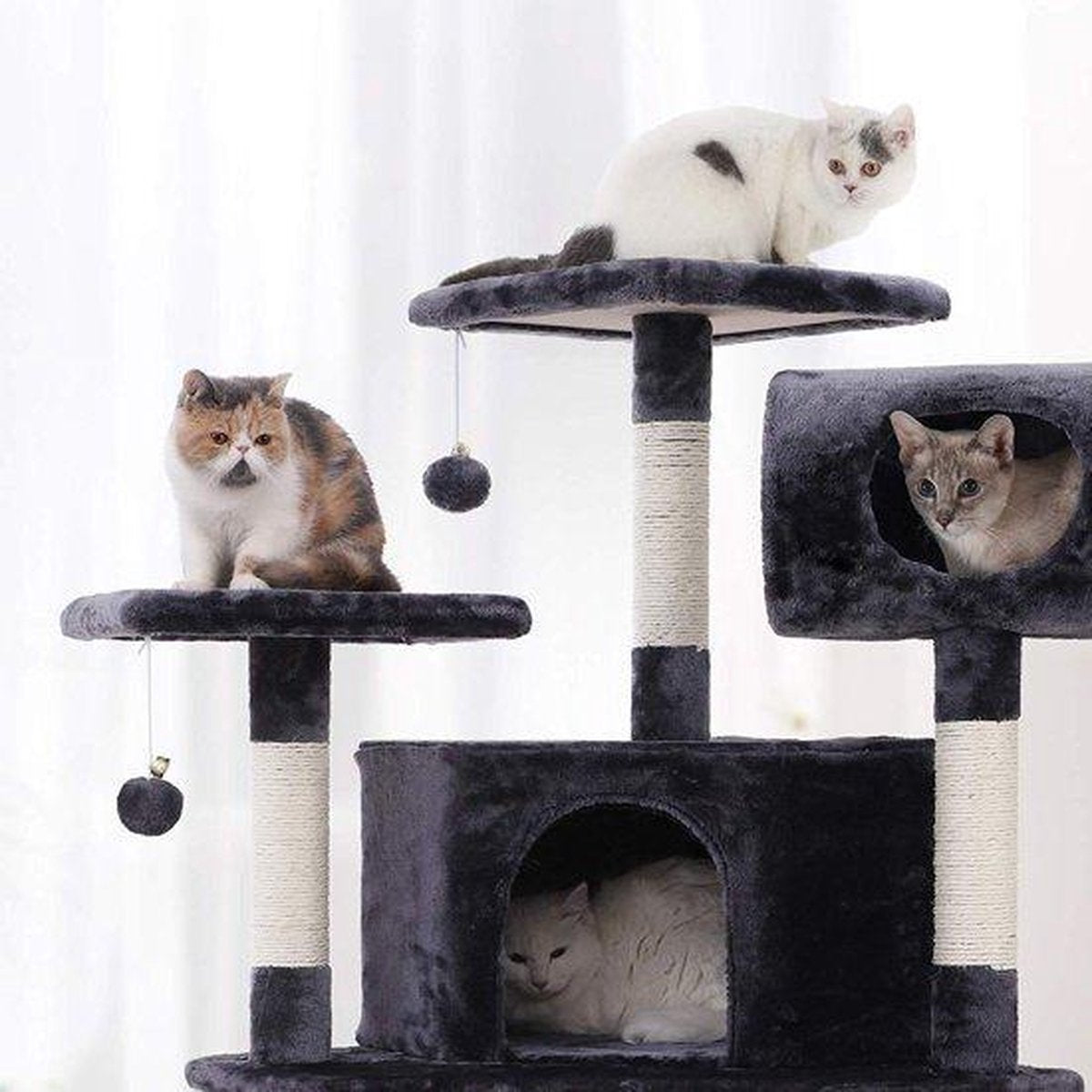  XXL Luxe Katten Krappaal Met Hangmat &amp; Kattenhuisjes - Activity Center - Grote Krappaal Klimpaal - 165 CM Hoog - Grijs/Zwart