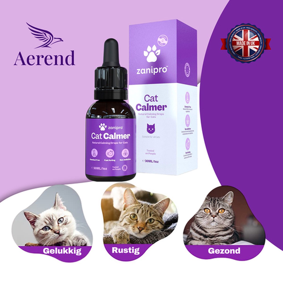  Aerend - Kalmerende Druppels Voor Katten - Anti-stress - Zanipro® 30ml - 100% Natuurlijk Uit Het Verenigd Koninkrijk - Met Ashwagandha &amp; Valeriaan - No Stress Druppels Om Gedragsproblemen Te Verlichten - Voor Thuis En Onderweg