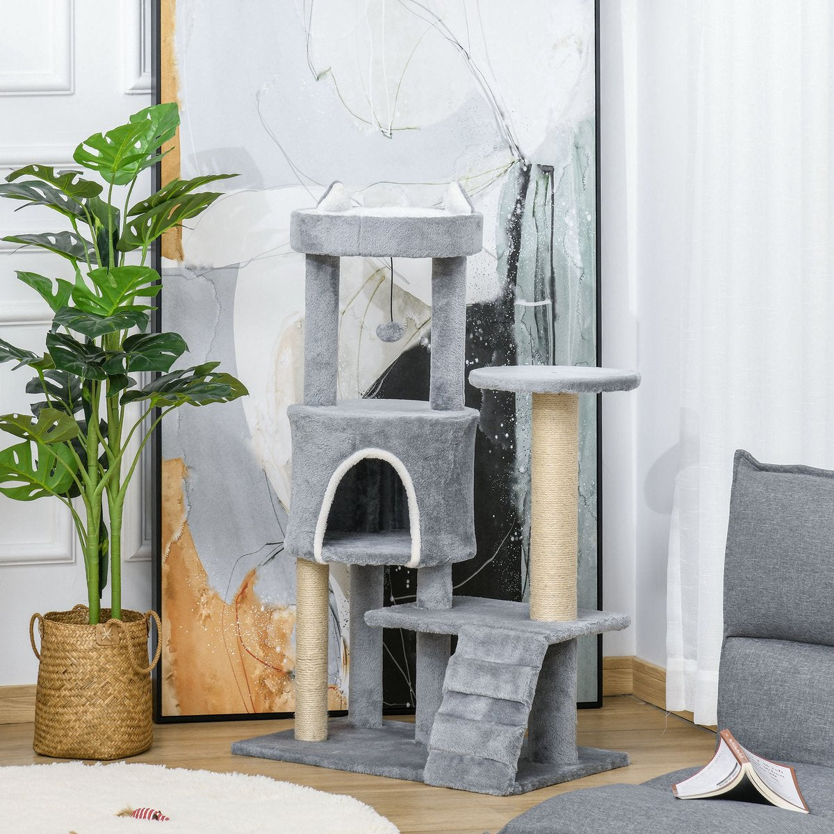  PawHut Krabpaal Kattenboom Met Kattengrot Trap Spaanplaat Jute Grijs D30-360
