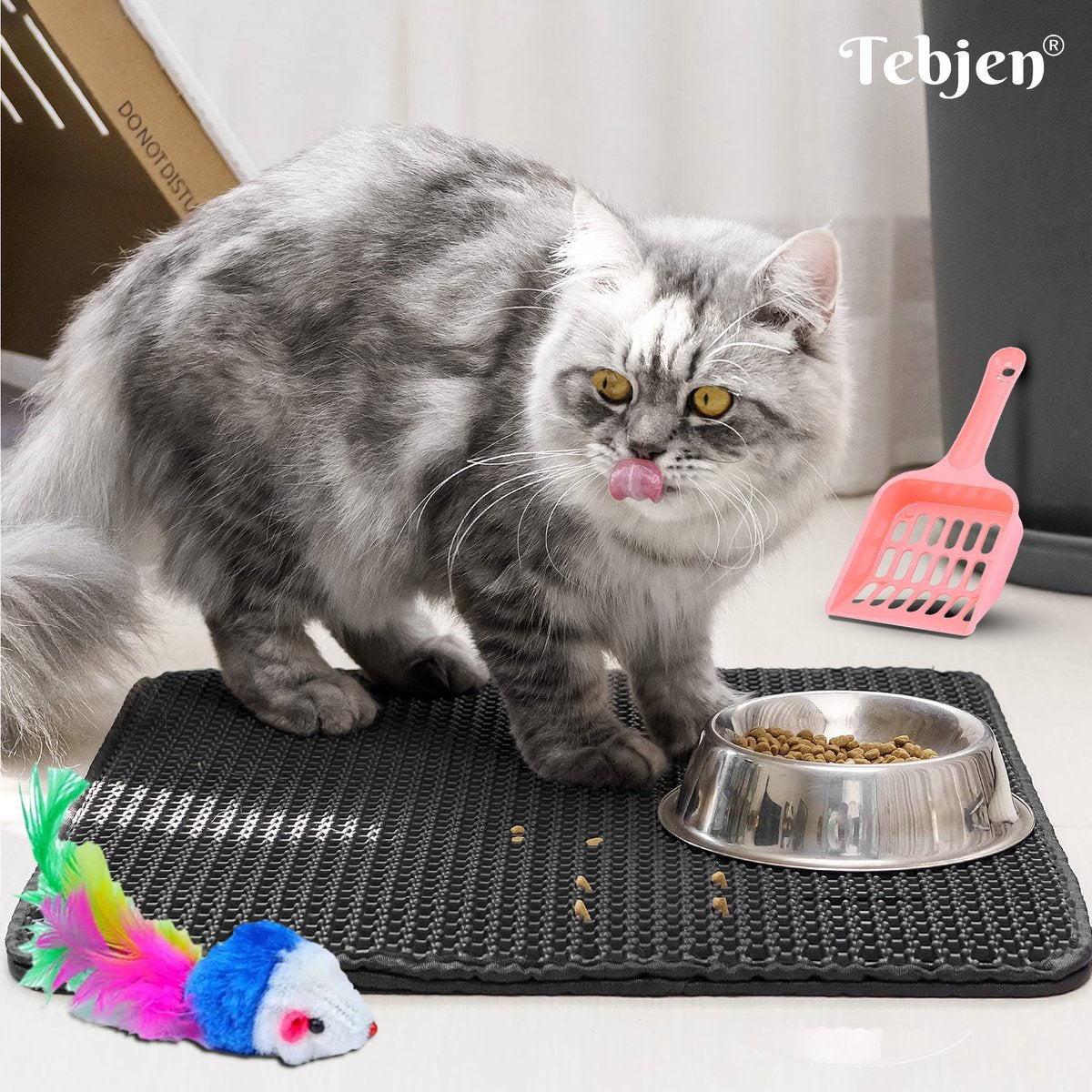  TEBJEN Kattenbakmat – Kattenbak Mat Grit Opvanger - Schoonloop Katten Mat – Dubbele Waterdichte Laag – Uitloopmat Kattenbak – Kattenbak Accessoires - Met Speelgoedmuisje En Schepje - 40x50cm