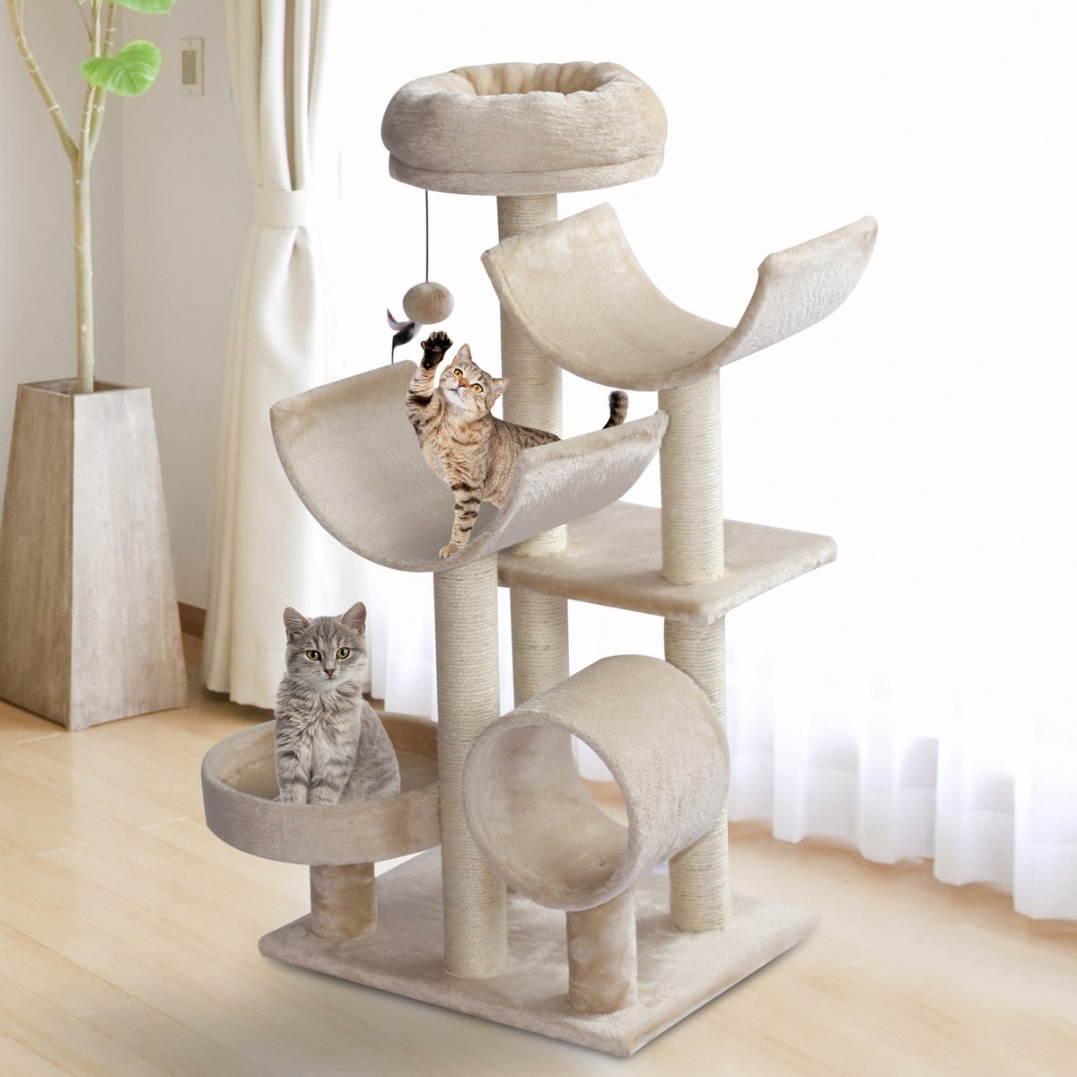  PawHut Kattenboom Kattenkrabboom Speelgoed Tunnel Katten Klimboom Krabboom Beige D30-191