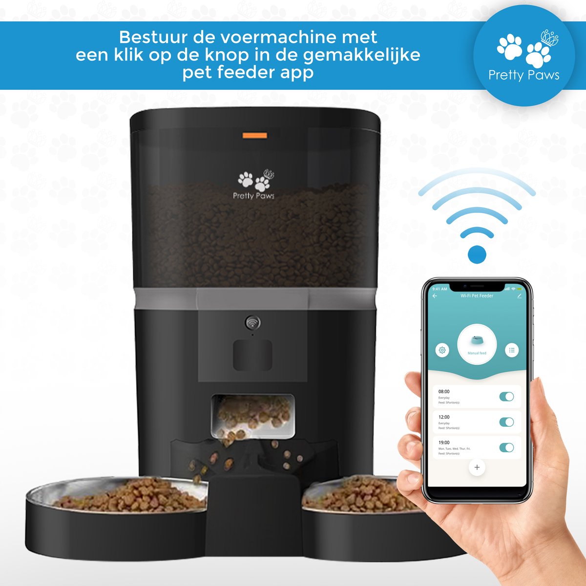  Pretty Paws QQ003 - Wifi Voermachine - Dubbele Voerbakjes - Zwart - Kat - 6L