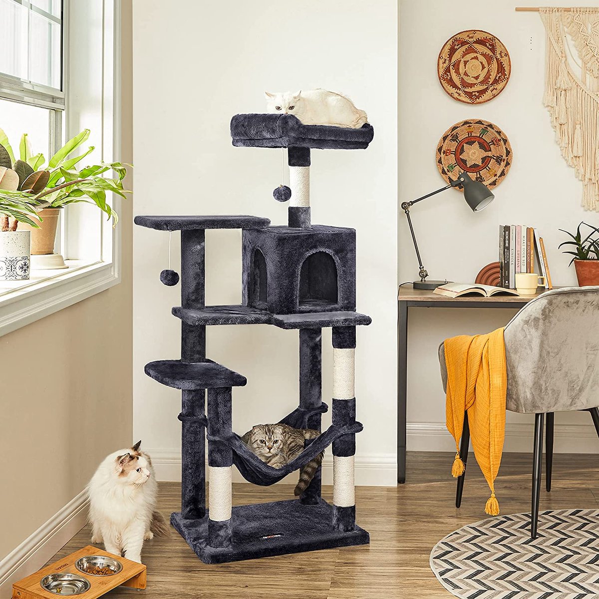  Krabpaal Met Hangmat Voor Meerdere Katten, Kattenboom, Rookgrijs