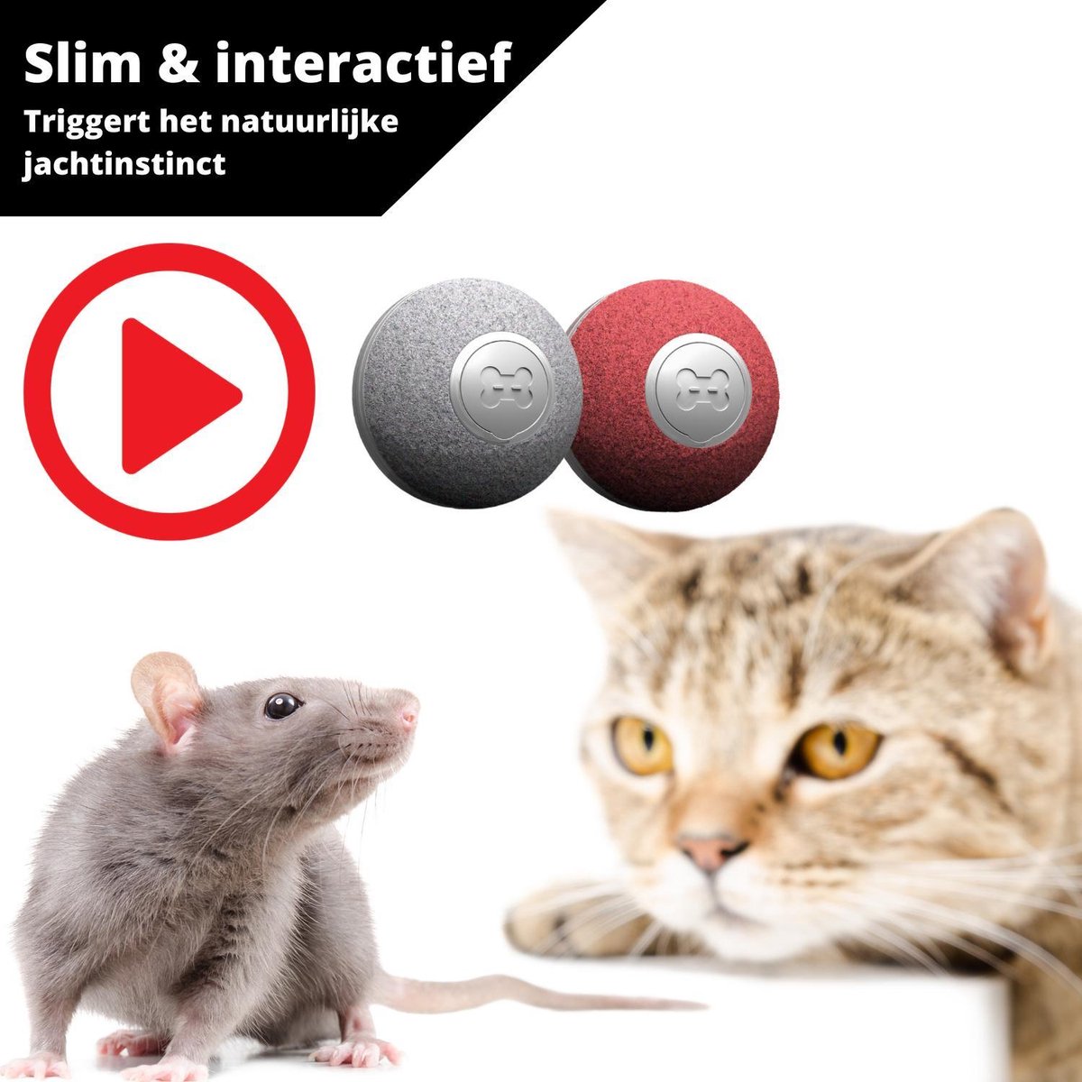 Cheerble Mini Ball 2.0 - Slimme Interactieve Zelf Rollende Bal Voor Katten - 3 Speelmodi - Kattenspeeltjes - USB Oplaadbaar - Rood