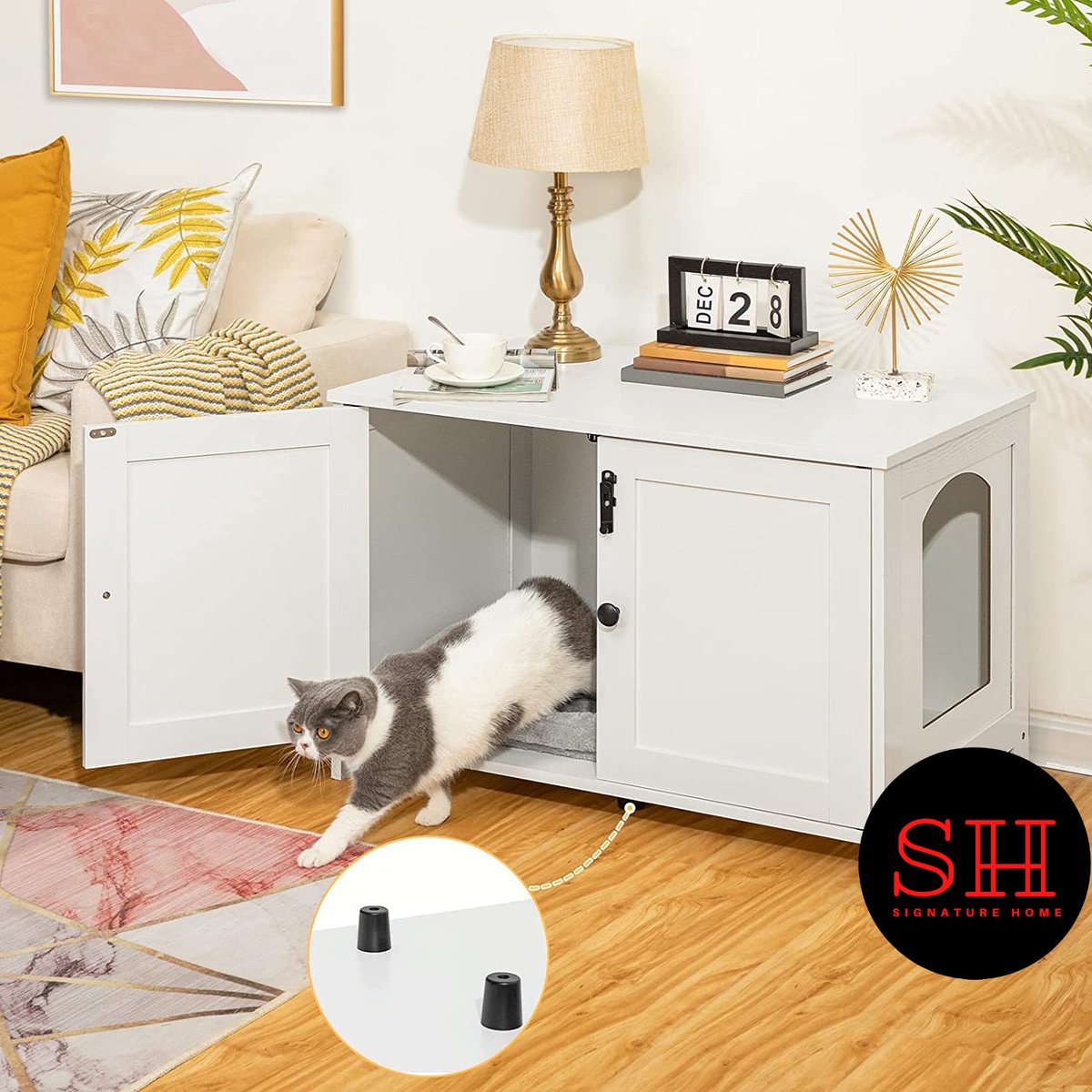 Merkloos Signature Home Wittykitty Kattenbak - Kattenkast - Kattenbakkast - Kattenhuis Met Deur En Aparte Scheidingswand - Kattenbak Opbergdoos - Wit - 80 X 54 X 50.5 Cm