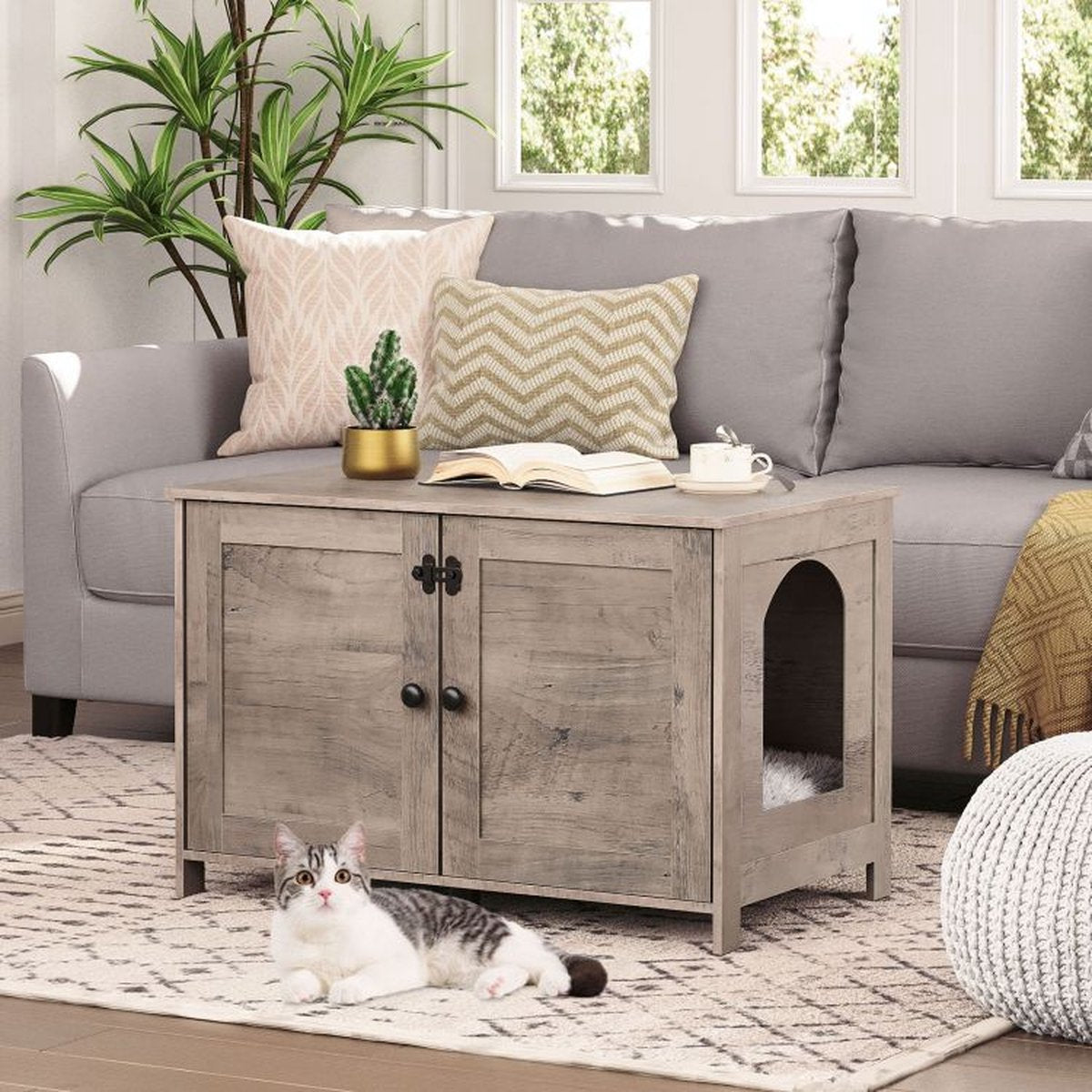  Kattenhuis Met Dubbele Deurtjes - Kattenkast Met Ruimte Voor Kattenbak - Kist Met Grote Opbergruimte - Bruikbaar Als Bank &amp;bijzettafel - Voor In Slaapkamer &amp; Gang - Greige