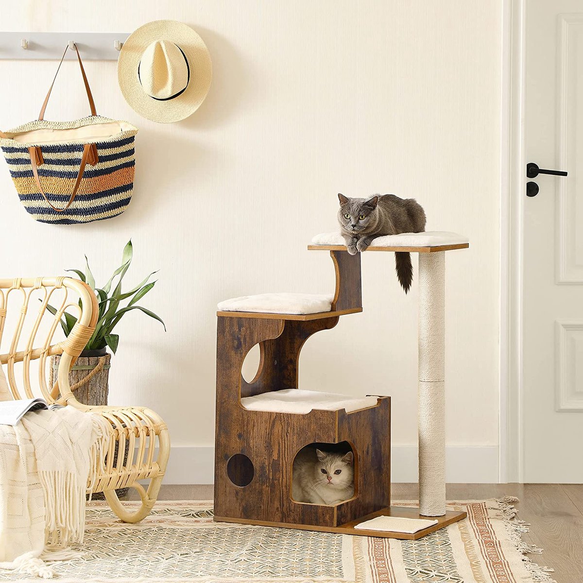 Songmics Zaza Home Luxe Houten Krabpaal 86 Cm, Middelgrote Katten Klimboom Met 3 Ligvlakken En Holten Vintage Bruin-wit