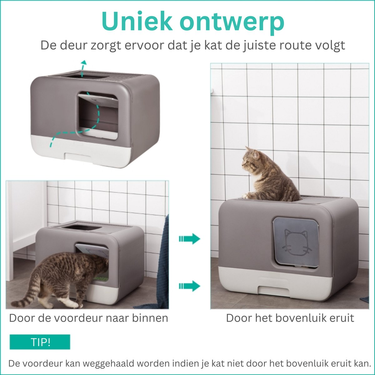  Kattenbak - 2 Uitgangen - Kattentoilet - Uitschuifbare Bodem - Met Schepje - Grijs 53 X 40 X 40 Cm
