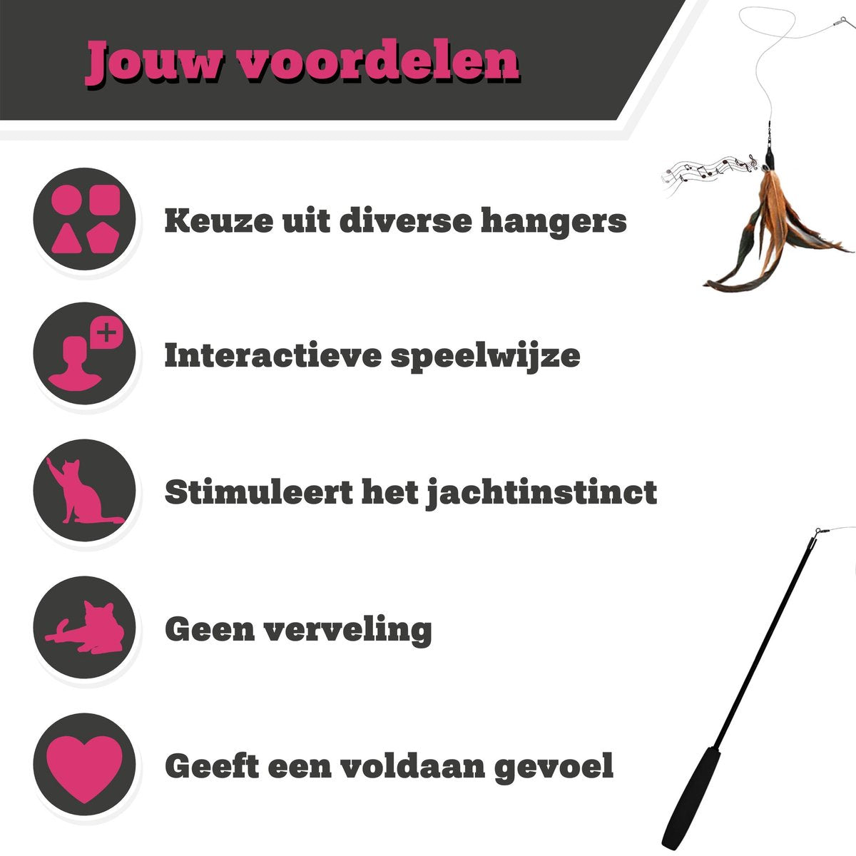  Make Me Purr Kattenhengel Met 5 Hangers (Zwart) - Speelgoed Hengel Voor Katten - Kat Speelhengel Met Veren - Kitten Kattenplager Met Veer - Kattenspeelgoed - Kattenspeeltjes