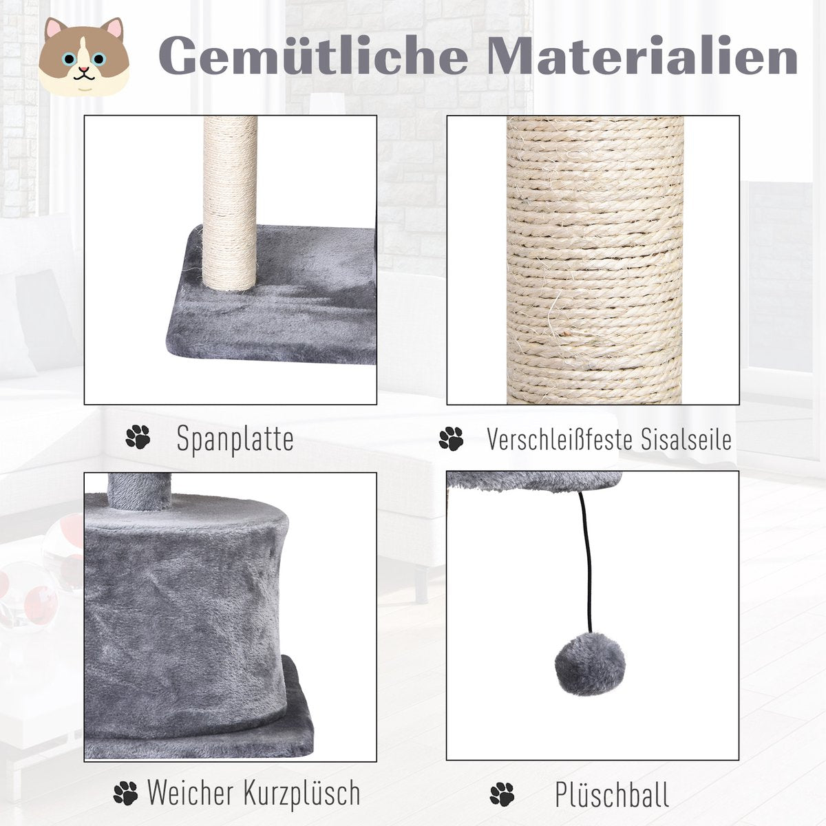  PawHut Kattenboom 3 Verdiepingen Krabpaal Kattengrot Met Sisal Palen Krabplank Pluche D30-258