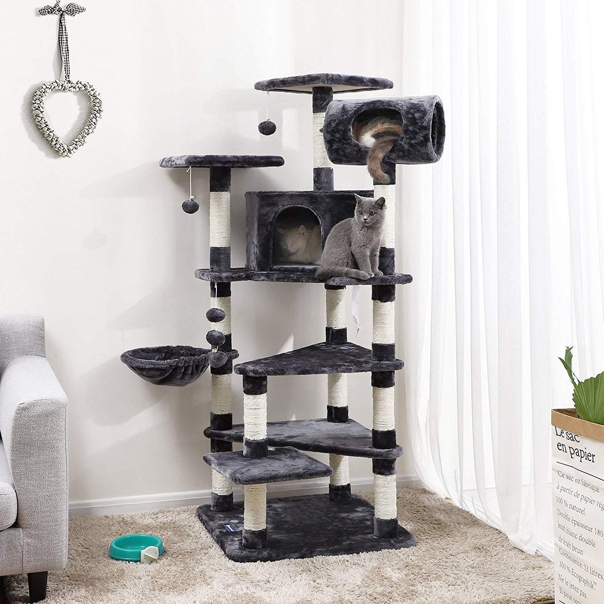  XXL Luxe Katten Krappaal Met Hangmat &amp; Kattenhuisjes - Activity Center - Grote Krappaal Klimpaal - 165 CM Hoog - Grijs/Zwart