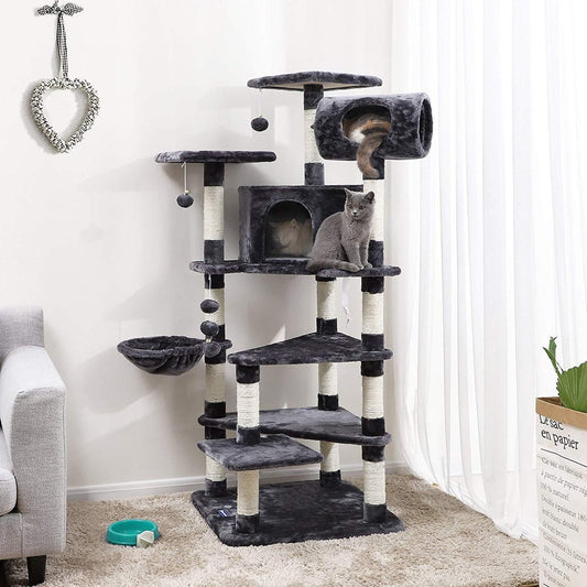  XXL Luxe Katten Krappaal Met Hangmat &amp; Kattenhuisjes - Activity Center - Grote Krappaal Klimpaal - 165 CM Hoog - Grijs/Zwart