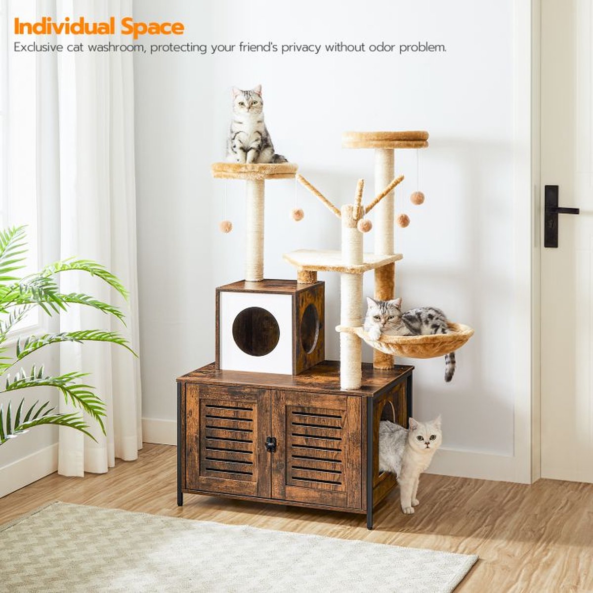  Signature Home Lola Krabpaal Met Kattenbak - Kattenbak Hangmat Mand Katten Huis - Kattenhuis Met Deur En Slot - Krabpalen Katten Huis - Kattenbakmeubel Verborgen - Alles-in-één Kattenspeelgoed Met Kattenhuis - Bruin - 70cm X 132cm X 48cm