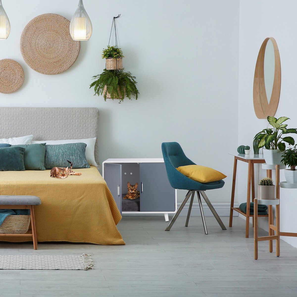  Relaxdays Kattenbak Ombouw Design - Kattenhuis Op Pootjes - Kattenmeubel Wit - Kattenkast