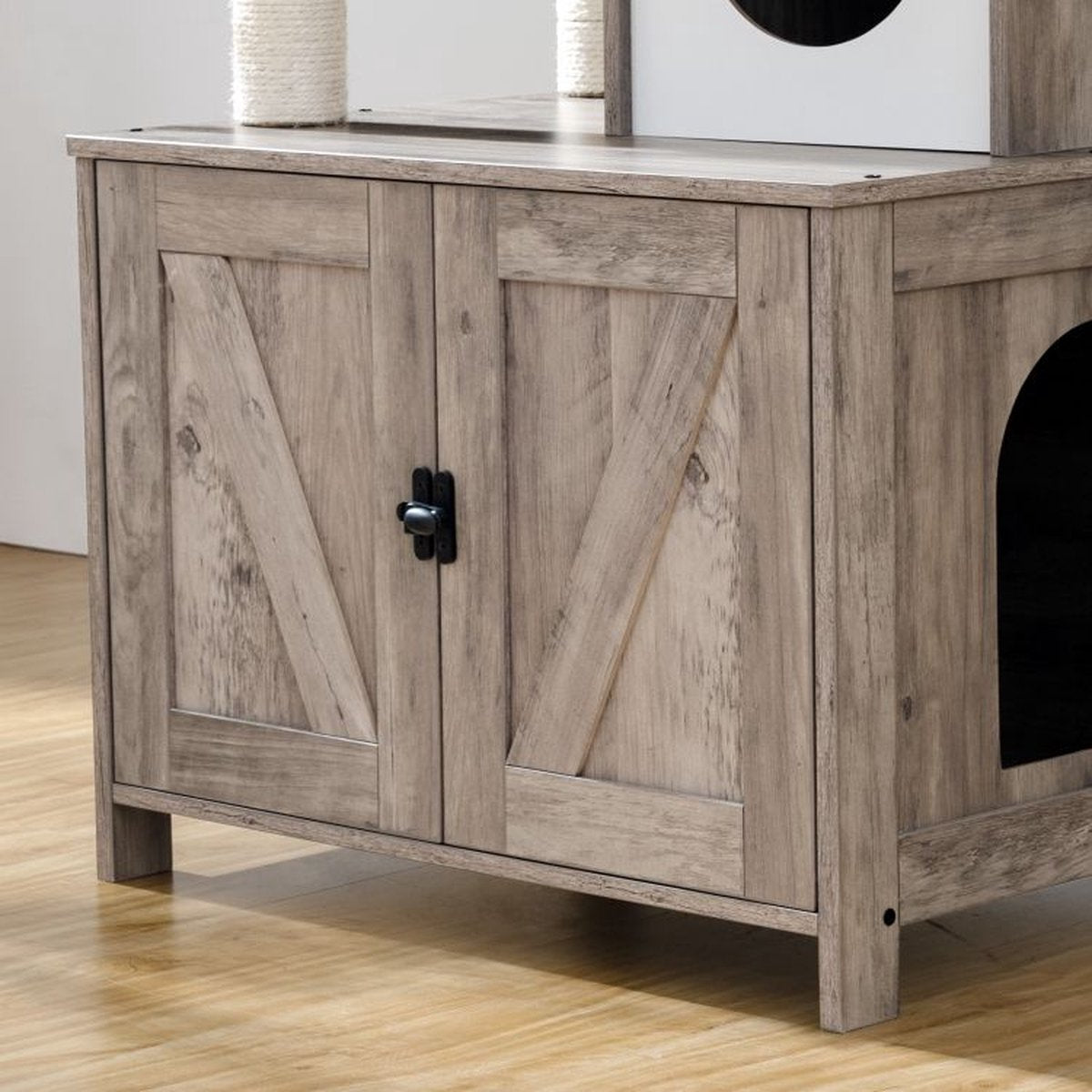  Signature Home Catty Krabpaal Met Kattenbak - Kattenbakkast - Kattenhuis Met Deur En Slot - Krabpalen Met Hangmat Mand Katten Huis - Kattenbakmeubel Verborgen - Alles-in-één Kattenspeelgoed Met Kattenhuis - Grijs - 60cm X 150cm X 48cm