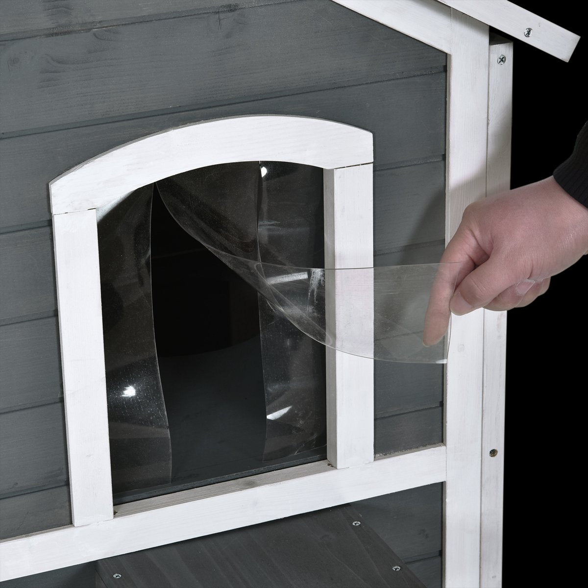  PawHut Kattenhuis Voor Buiten Kattenhut Met 2 Verdiepingen Kattenvilla, Asfaltdak, Massief Hout Grijs D30-236