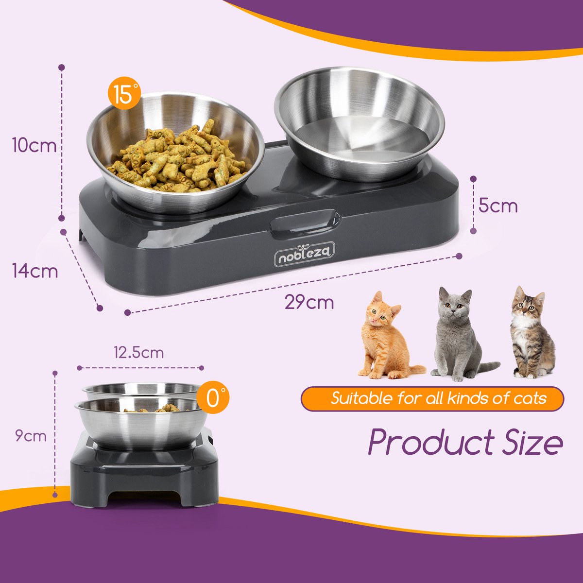  Nobleza Katten Voerbakjes - Ergonomische Dubbele Voerbak - Anti Braak Voerbak Voor Katten - Zwart - Dubbel - RVS