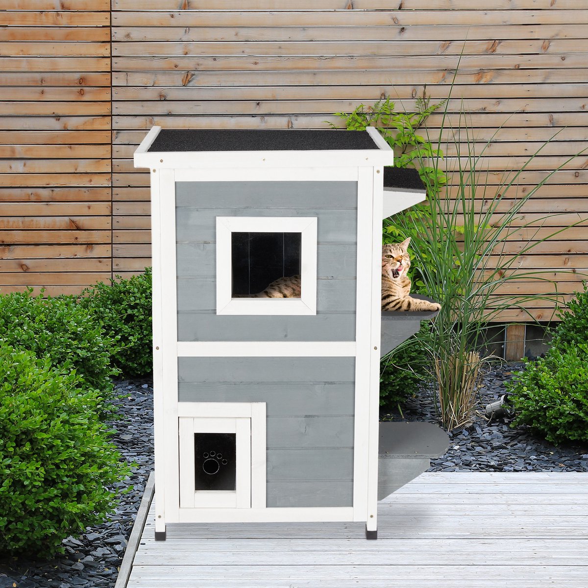  Relaxdays Kattenhuis Buiten - Groot Kattenhok Binnen - Hoog Kattenmeubel Grijs Hout - Tuin