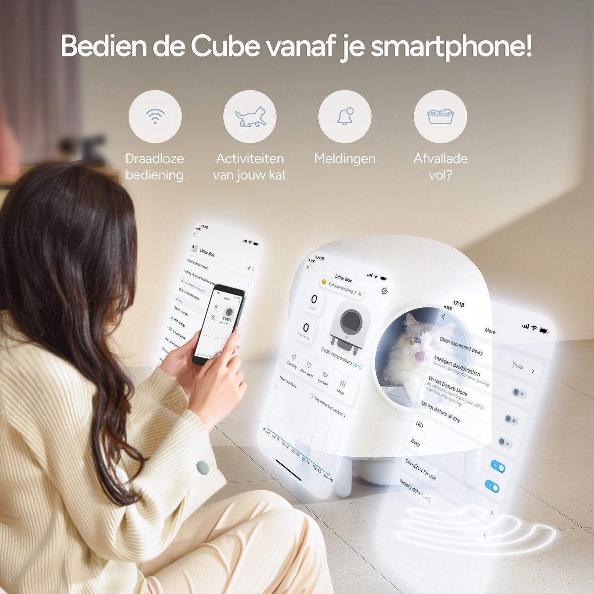  Petree Cube - Zelfreinigende Kattenbak - Automatisch - Bedienen Via De App - Katten - Anti-geur - 60 X 52 X 64 Cm