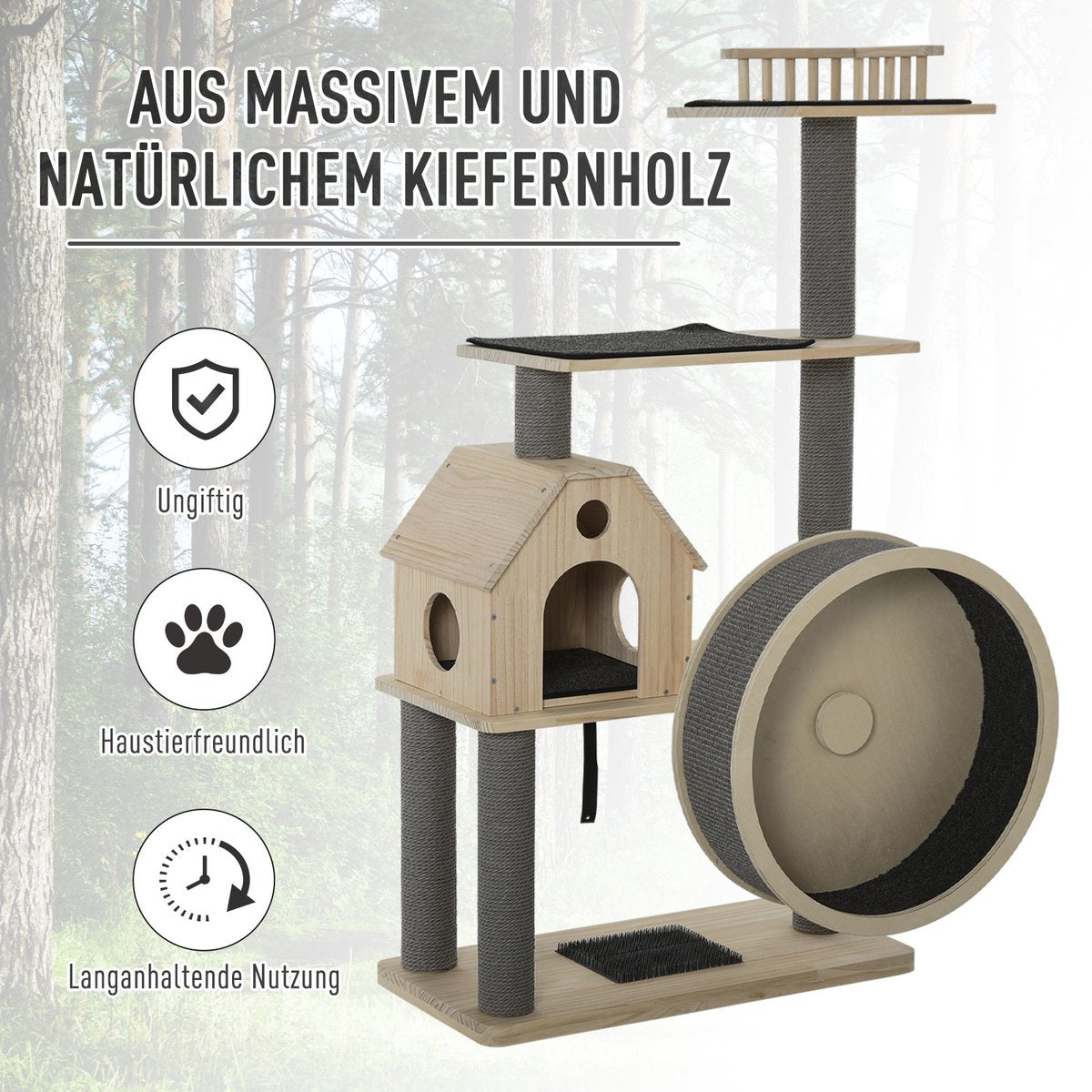  PawHut Kattenboom Met Loopwiel Krabpaal Met 4 Verdiepingen Kattenhuis Met Sisalpalen Massief Hout D30-303