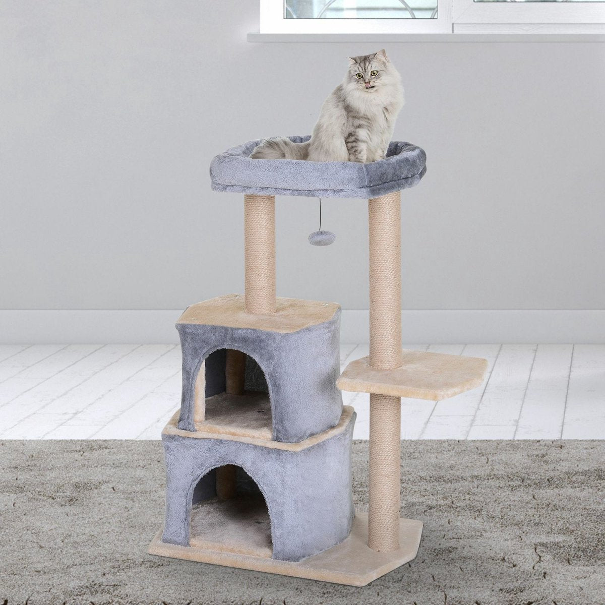  PawHut Krabpaal Kattenboom Met Grot Klimboom Kattenhuis Sisal Paal Sisal Grijs D30-218