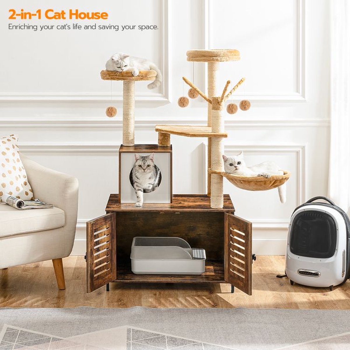  Signature Home Lola Krabpaal Met Kattenbak - Kattenbak Hangmat Mand Katten Huis - Kattenhuis Met Deur En Slot - Krabpalen Katten Huis - Kattenbakmeubel Verborgen - Alles-in-één Kattenspeelgoed Met Kattenhuis - Bruin - 70cm X 132cm X 48cm