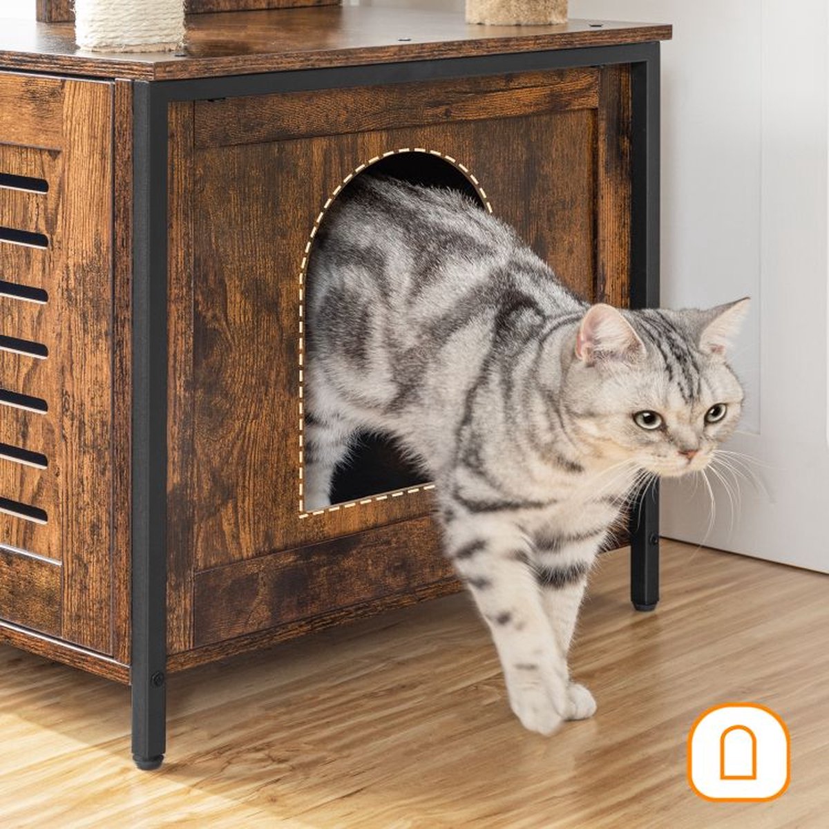  Signature Home Lola Krabpaal Met Kattenbak - Kattenbak Hangmat Mand Katten Huis - Kattenhuis Met Deur En Slot - Krabpalen Katten Huis - Kattenbakmeubel Verborgen - Alles-in-één Kattenspeelgoed Met Kattenhuis - Bruin - 70cm X 132cm X 48cm