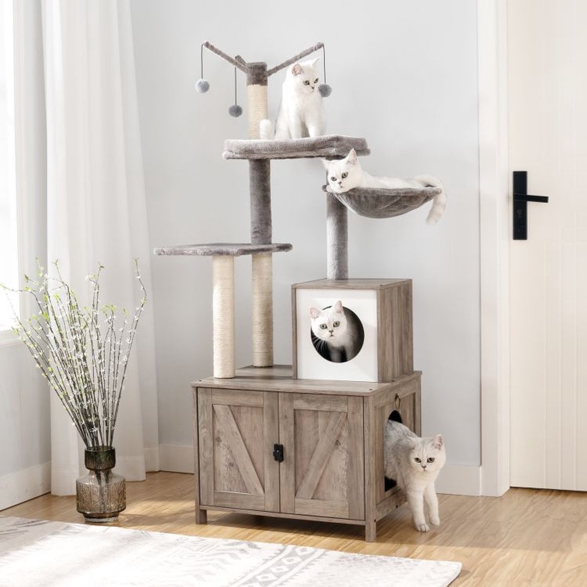  Signature Home Catty Krabpaal Met Kattenbak - Kattenbakkast - Kattenhuis Met Deur En Slot - Krabpalen Met Hangmat Mand Katten Huis - Kattenbakmeubel Verborgen - Alles-in-één Kattenspeelgoed Met Kattenhuis - Grijs - 60cm X 150cm X 48cm