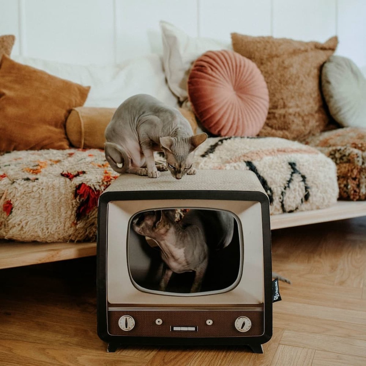  District 70 TELLY - Retro TV Krabmeubel - Instagrammable Kartonnen TV Voor Katten - 39 X 27 X 37 Cm
