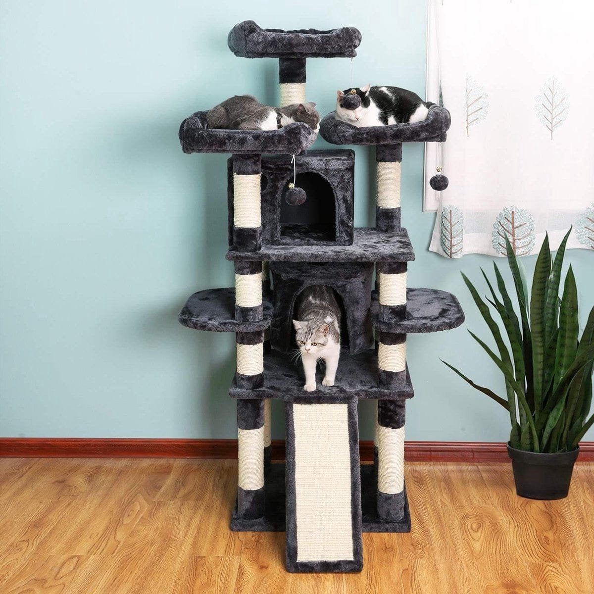  Grote Krabpaal, Krabpaal Met 3 Comfortabele Uitkijkplatforms, Kattenspeelgoed Met 2 Knuffelholen, Dikke Sisalpalen, Extra Krabplank, Stal, 172 Cm, Rookgrijs PCT18GYZ