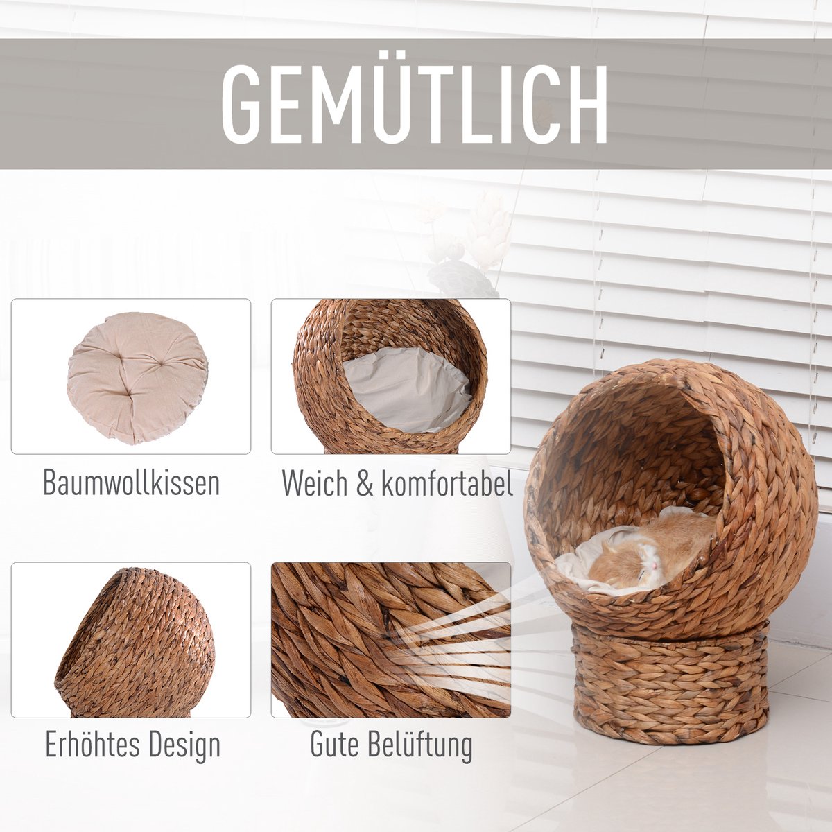  PawHut Kattenmand Rotan Kattennest Kattenbed Met Kussen Huisdierbed Bruin D30-104