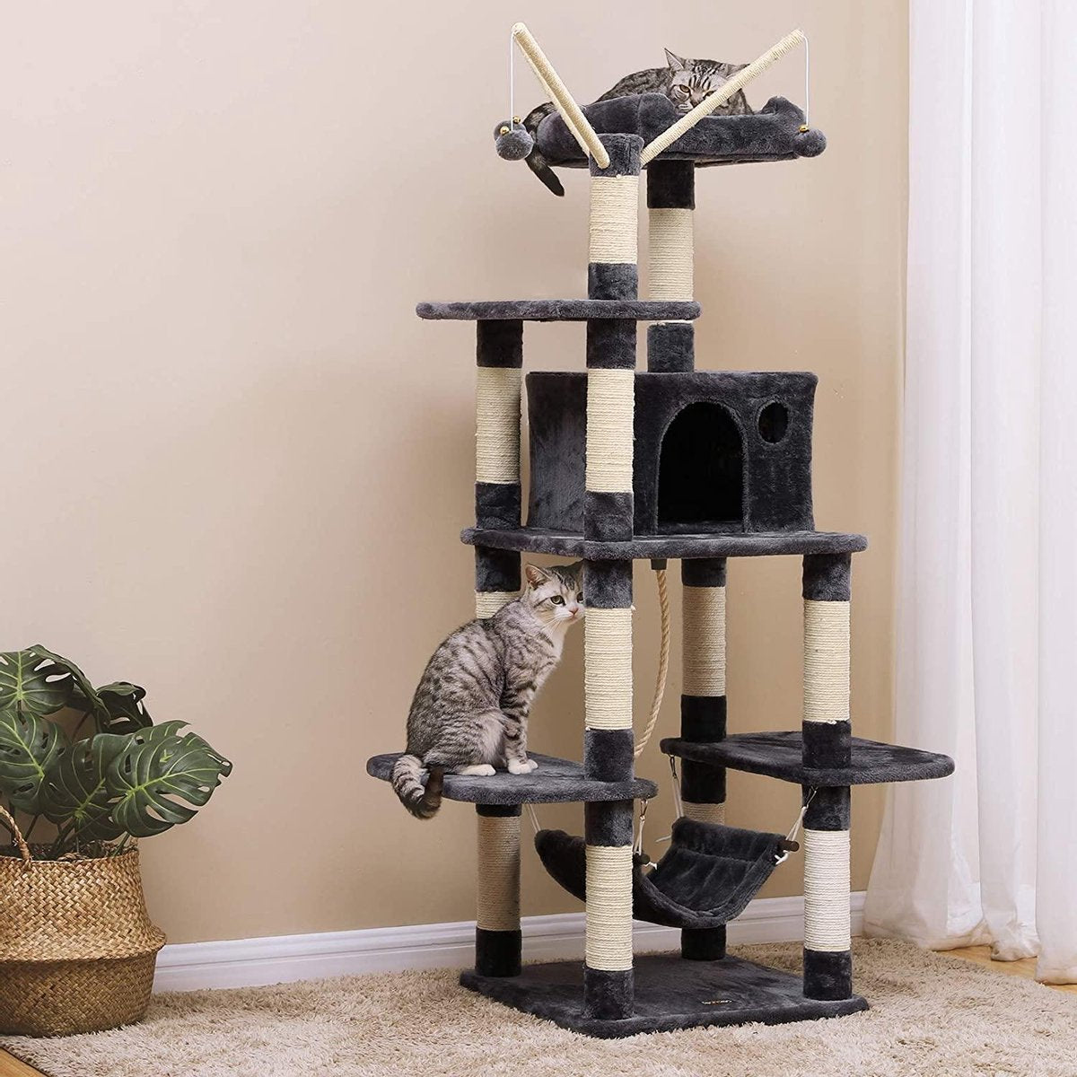  XXL Luxe Katten Krappaal Met Hangmat &amp; Katten Huisjes - Activity Center - Grote Krappaal Klimpaal Met Speelset - Krabmeubel 154 CM Hoog - Grijs