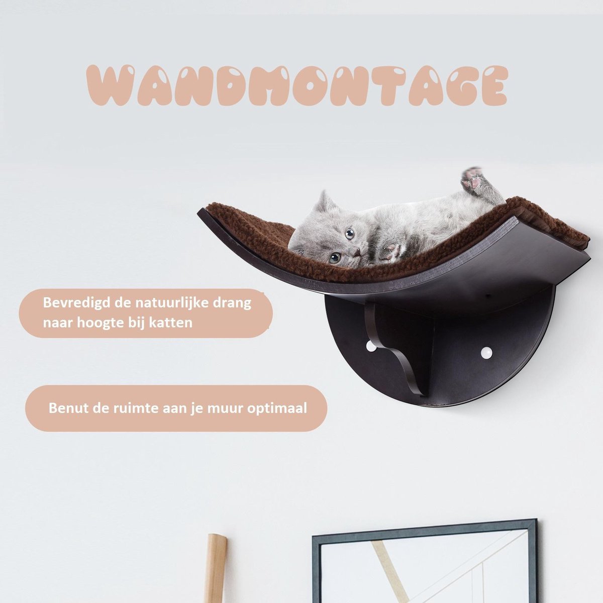 Merkloos Paws And Claws - Cat Shelf – Hangmat Kat – Kattenplank - Kattenbed - Wasbaar – Wandmontage – MDF - Bruin