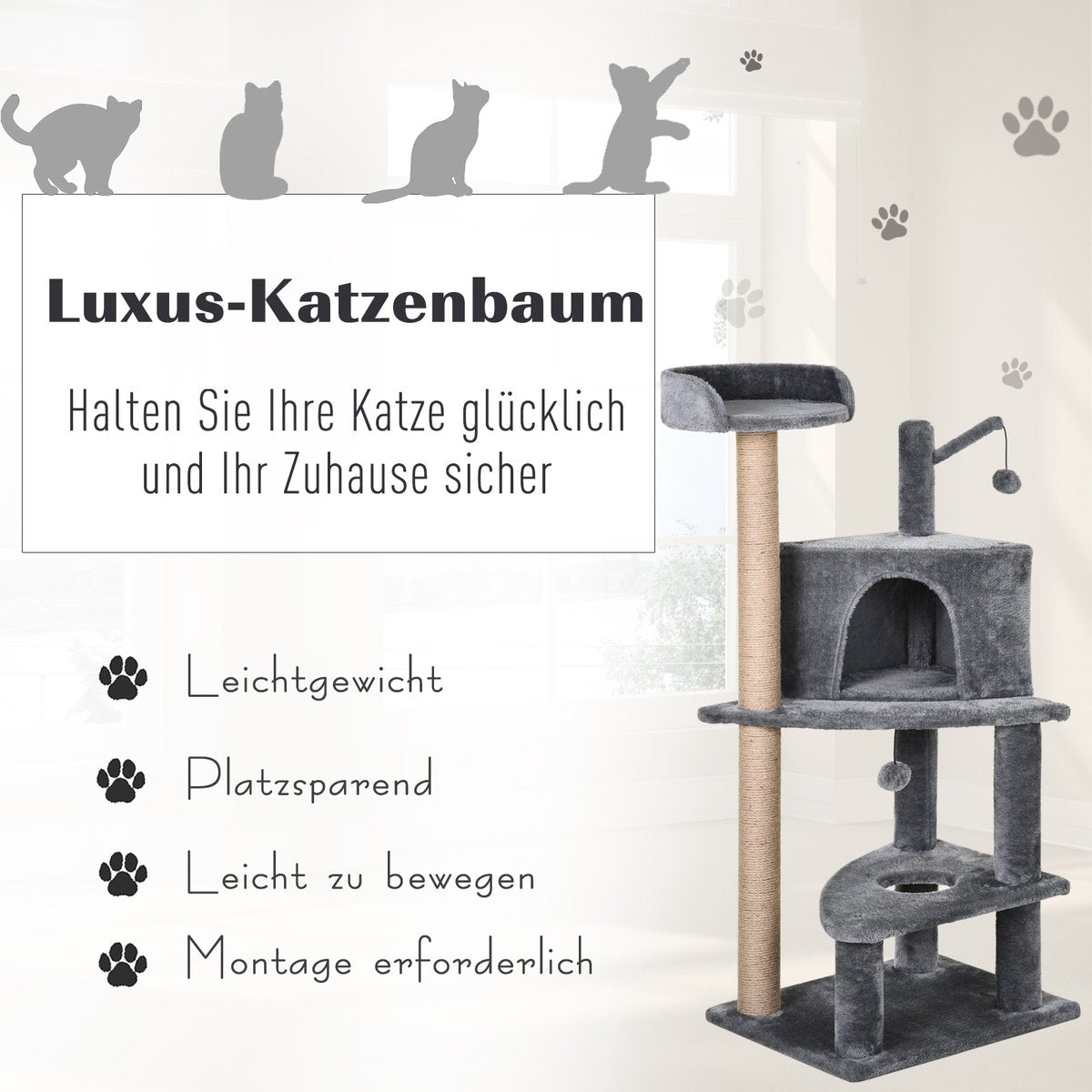  PawHut Krabpaal Met Speelballen Kattenkrabpaal Kattenhuis Jute Paal, Grijs D30-281