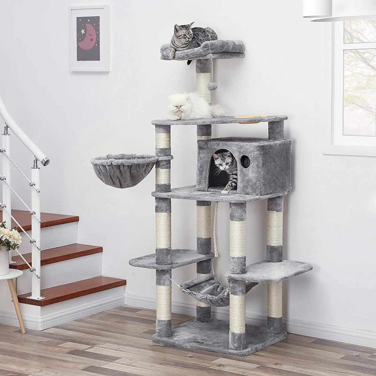 Merkloos XXL Luxe Katten Krappaal Met Hangmat Hangende Mand &amp; Katten Huisje - Activity Center - Grote Krappaal Klimpaal Met Speelset - Krabmeubel 164 CM Hoog - Sisal/Pluche - Grijs