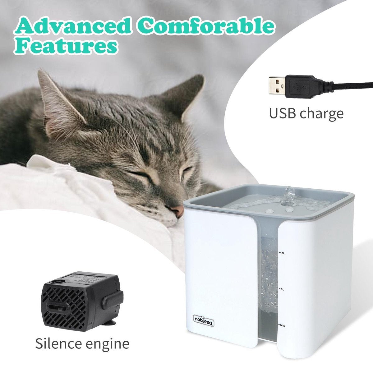 Nobleza USB Drinkfontein Voor Hond/Kat - 2L - Incl. 2 Filters - Wit